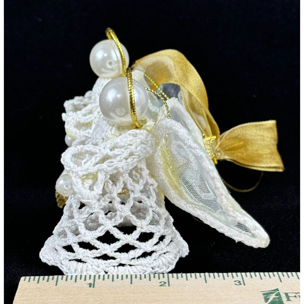 Avon Crocheted Lace Ornament Angels 13 inches White Gold Bow in Box F32908-1 - Picture 14 of 15